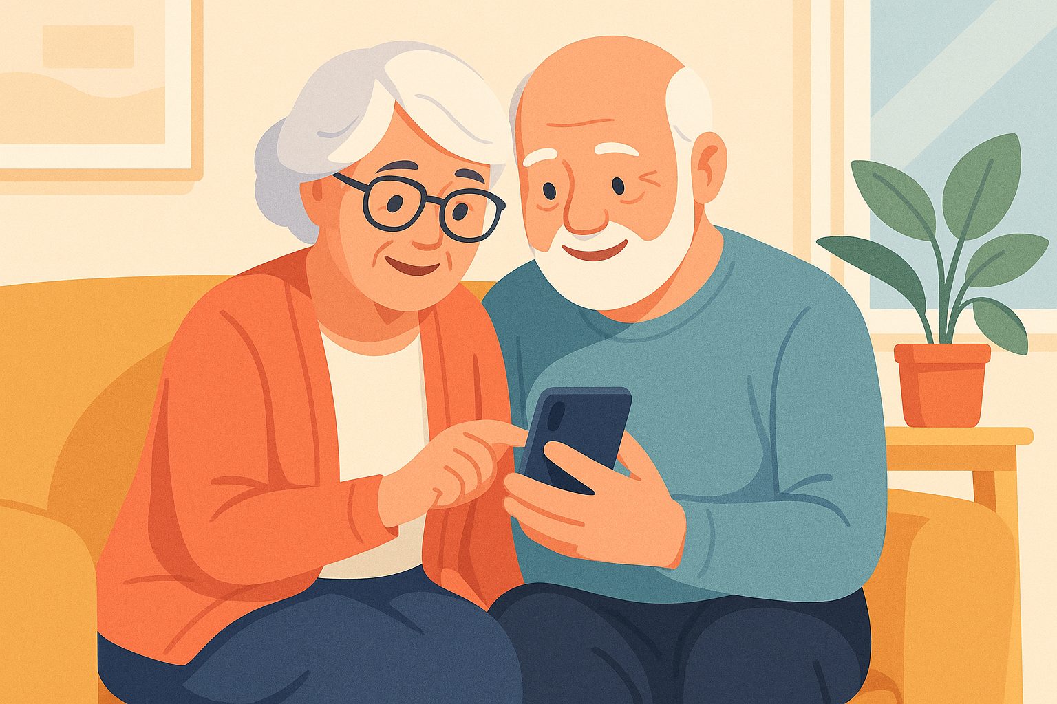 Illustration of a senior couple using a smartphone